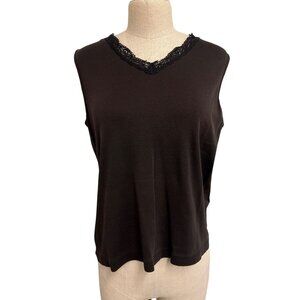 Vintage Karen Scott Sport Black Lace Trim Tank Top Cotton Petite Medium Pre Love